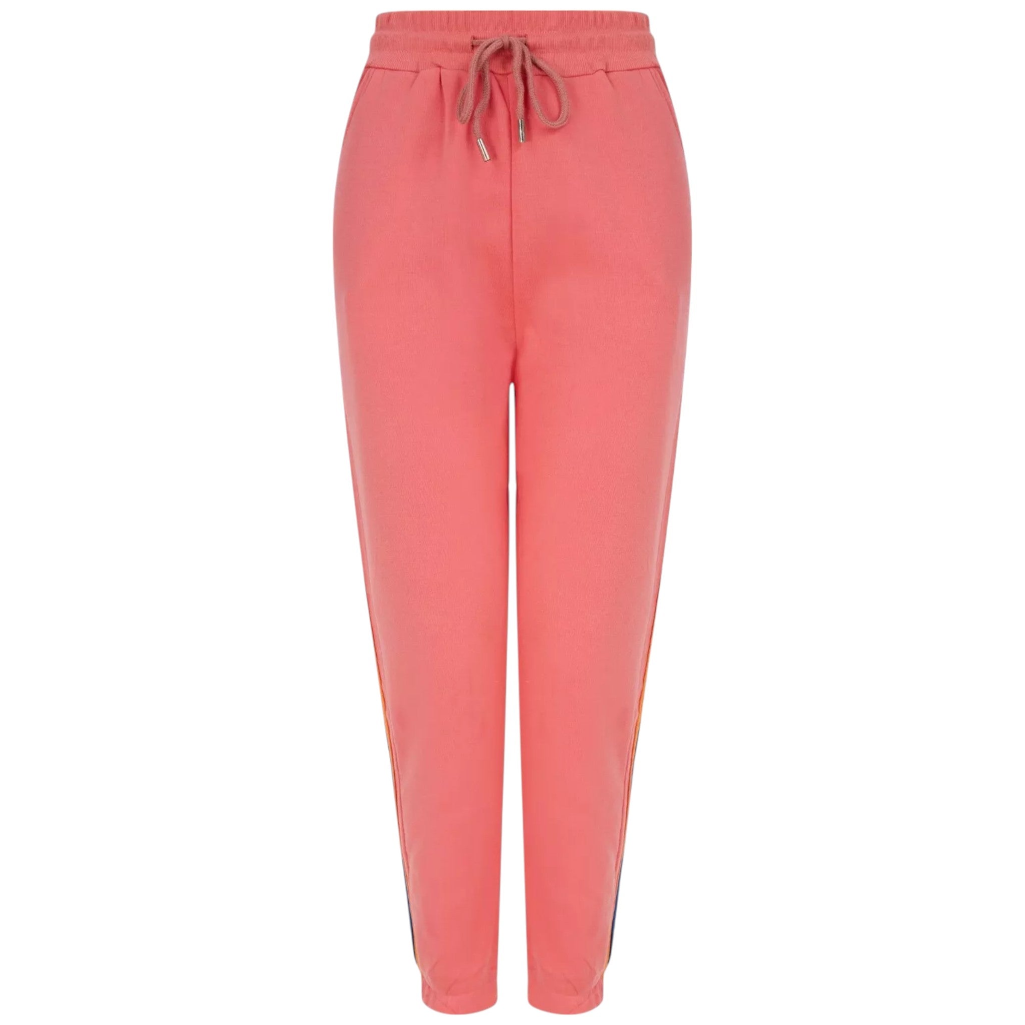 Ladies coral joggers with side stripe, drawstring waist, elastic cuffed ankles, casual lounge pants, sporty stretch fit
